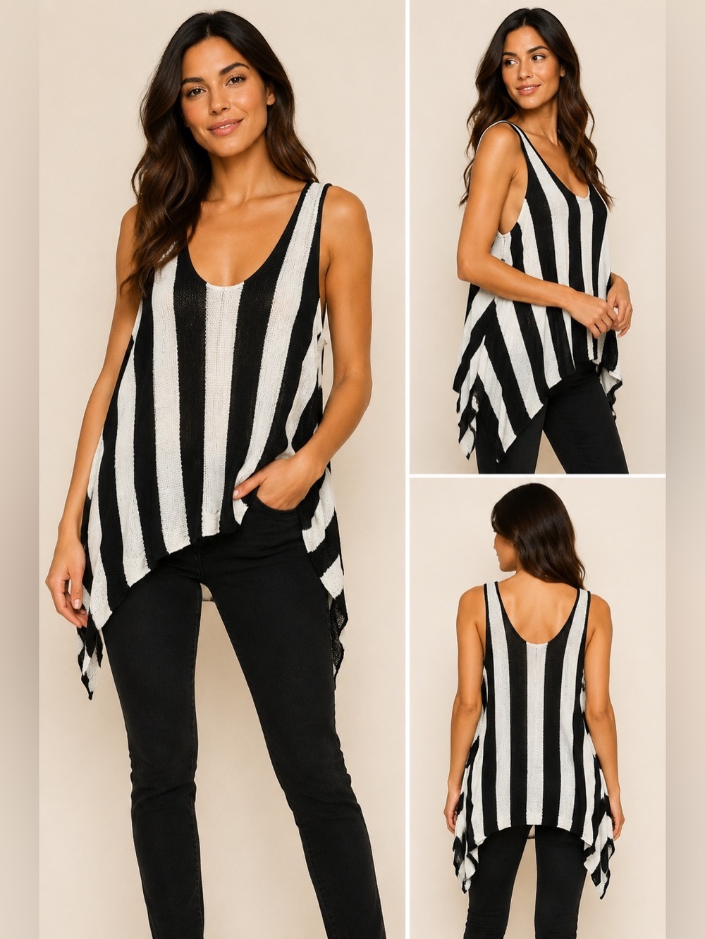 Fraiche by J Black White Striped Oversized Draped Tank Top S NWT